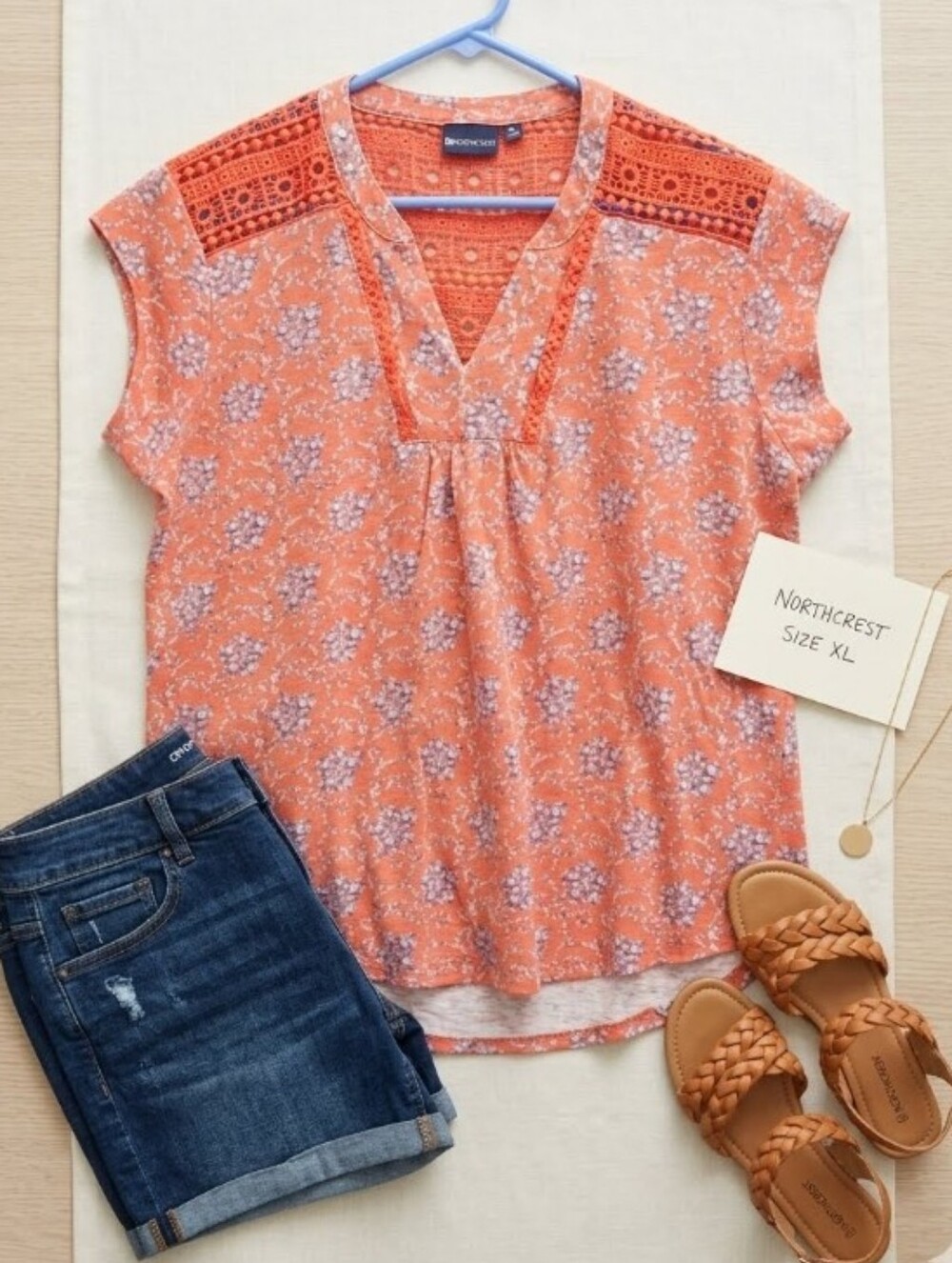 Northcrest Orange Floral Crochet Yoke V-Neck Women's Top